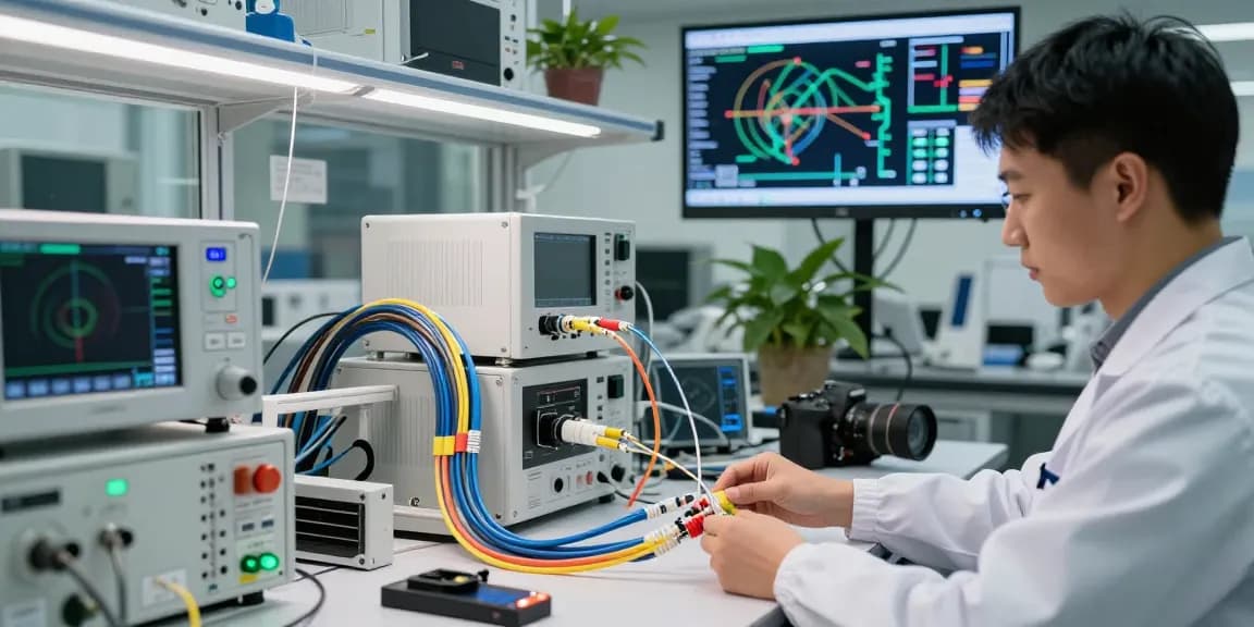 Precision optical cables installation in a high-tech lab, showcasing advanced connectivity solutions.