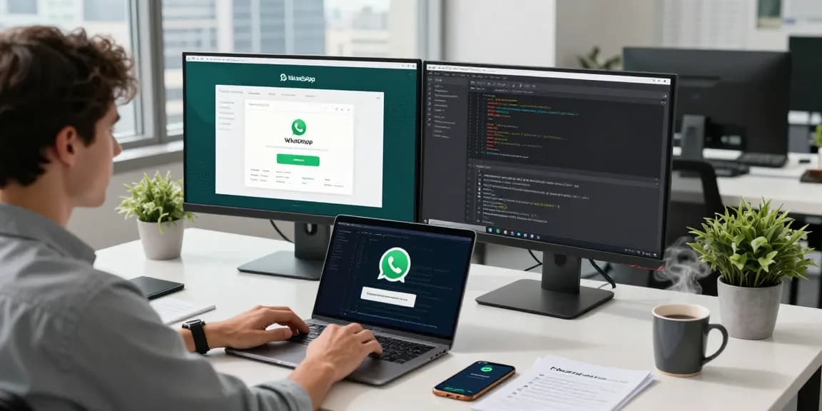 Engaged user utilizing WhatsApp網頁版 on dual monitors in a modern workspace