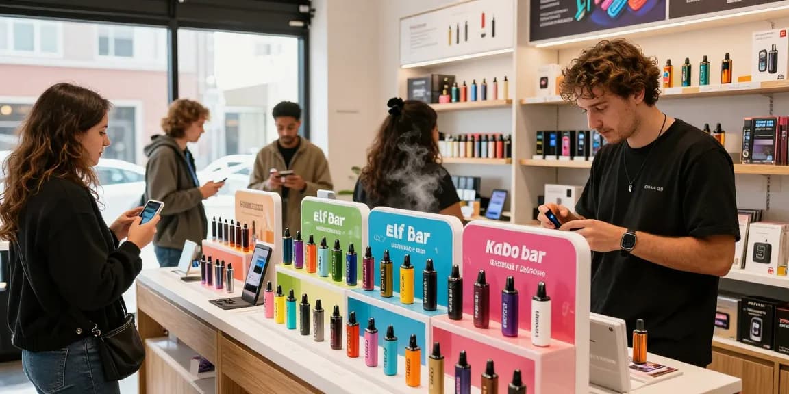 Exploring top disposable vapes in the USA at a vibrant retail shop, featuring popular brands and engaged customers.