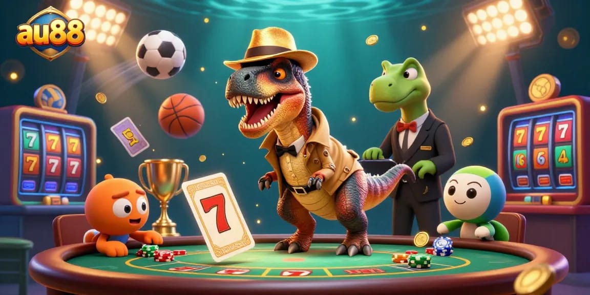 Play at au88 with fun casino characters in a lively blackjack scene surrounded by various elements.