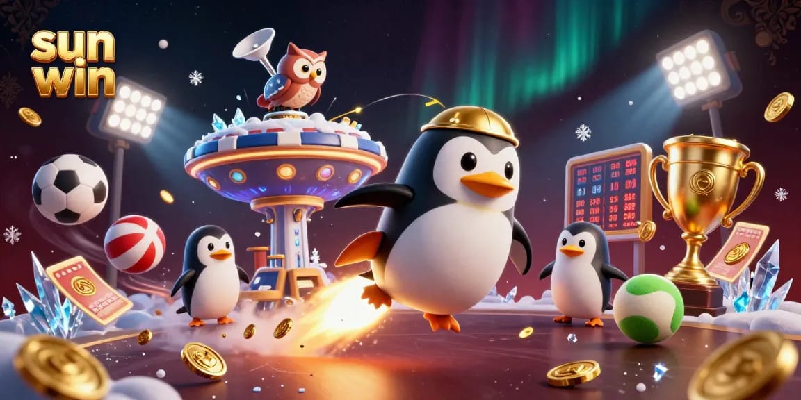 Experience the thrill of sun win with a cartoon penguin launching into space amidst sports elements and casino motifs.