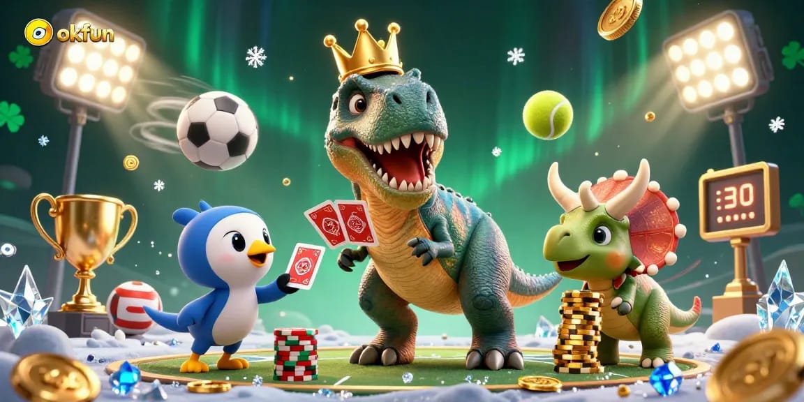 Engage in thrilling betting with okfun as cartoon dinosaurs shuffle cards and stack chips