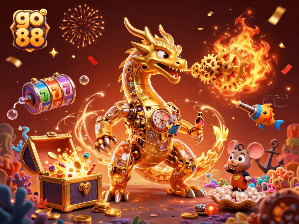 Experience the thrill of go 88 with a golden dragon and slot reels in a vibrant casino setting.