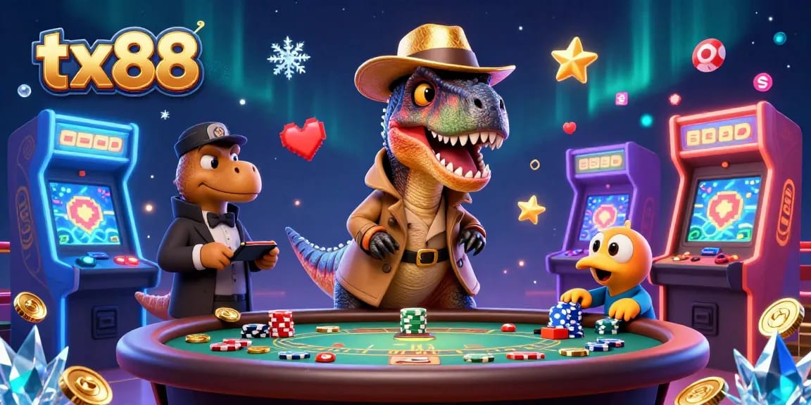 Experience the thrilling world of tx88 with a cartoon velociraptor card counter at an exciting casino scene.