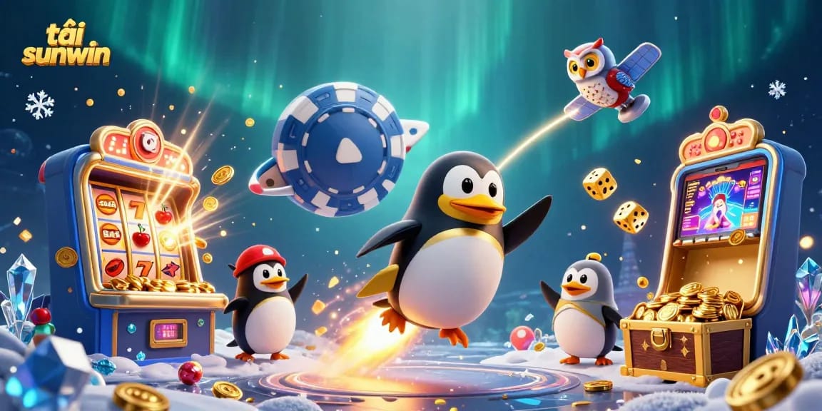 Experience excitement with tải sunwin as a golden penguin soars through vibrant casino-themed space.