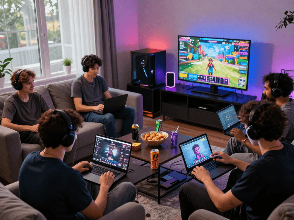 Engaged players enjoying free porno games on various devices in a lively gaming room.
