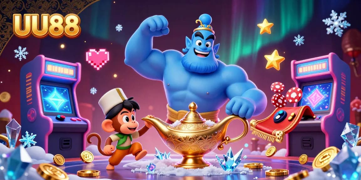 Engage with the exciting world of UU88 casino featuring a genie, monkey, and magic carpet in a vibrant game scene.