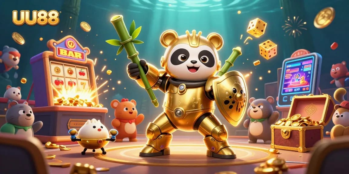 Join the excitement at UU88 with a golden panda piloting a robot in a vibrant casino scene