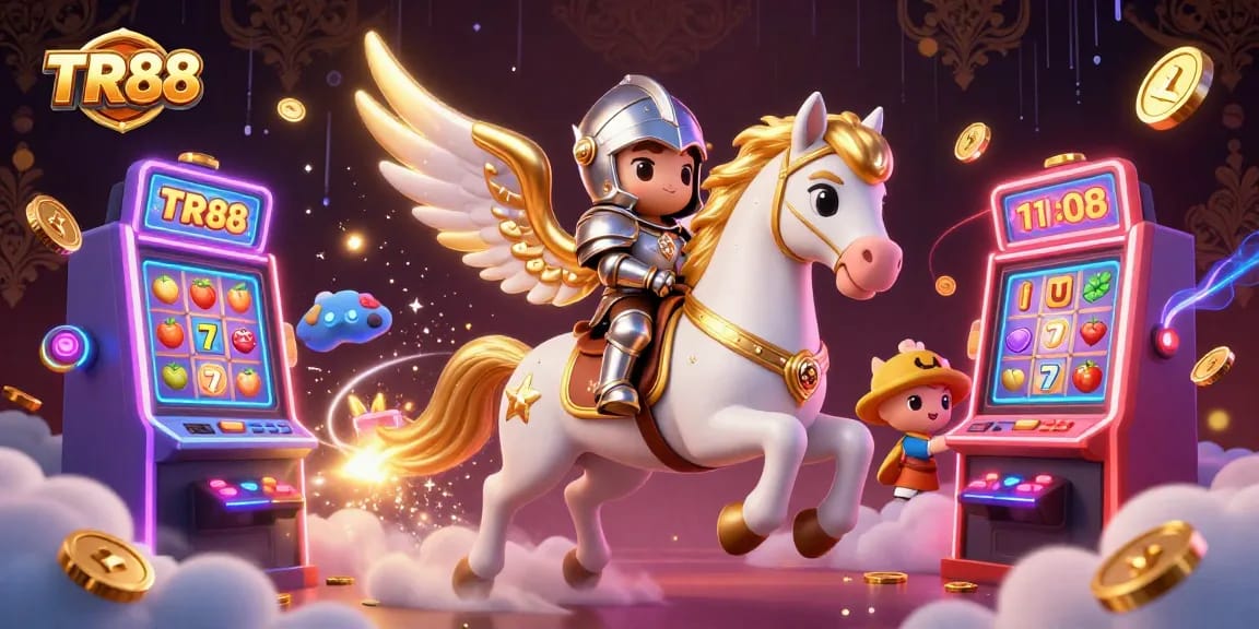 Engage with TR88's vibrant slot games featuring a mystical knight and celestial horse.
