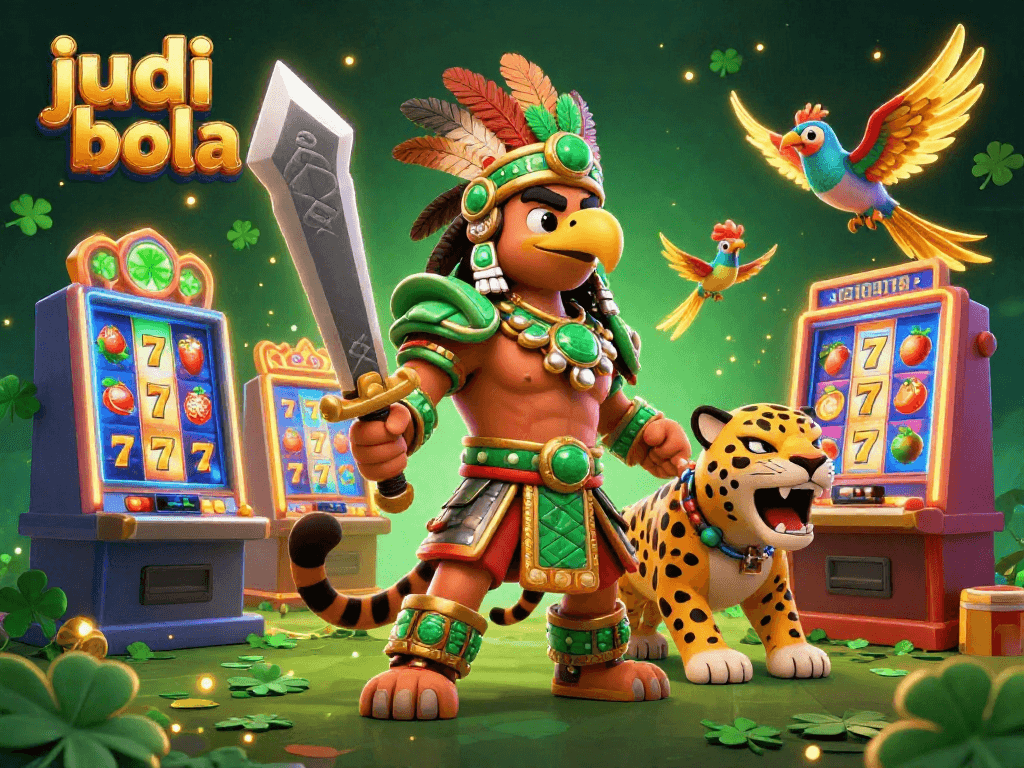 Experience exciting judi bola action with Aztec warriors amidst colorful slot machines and vibrant gaming elements.