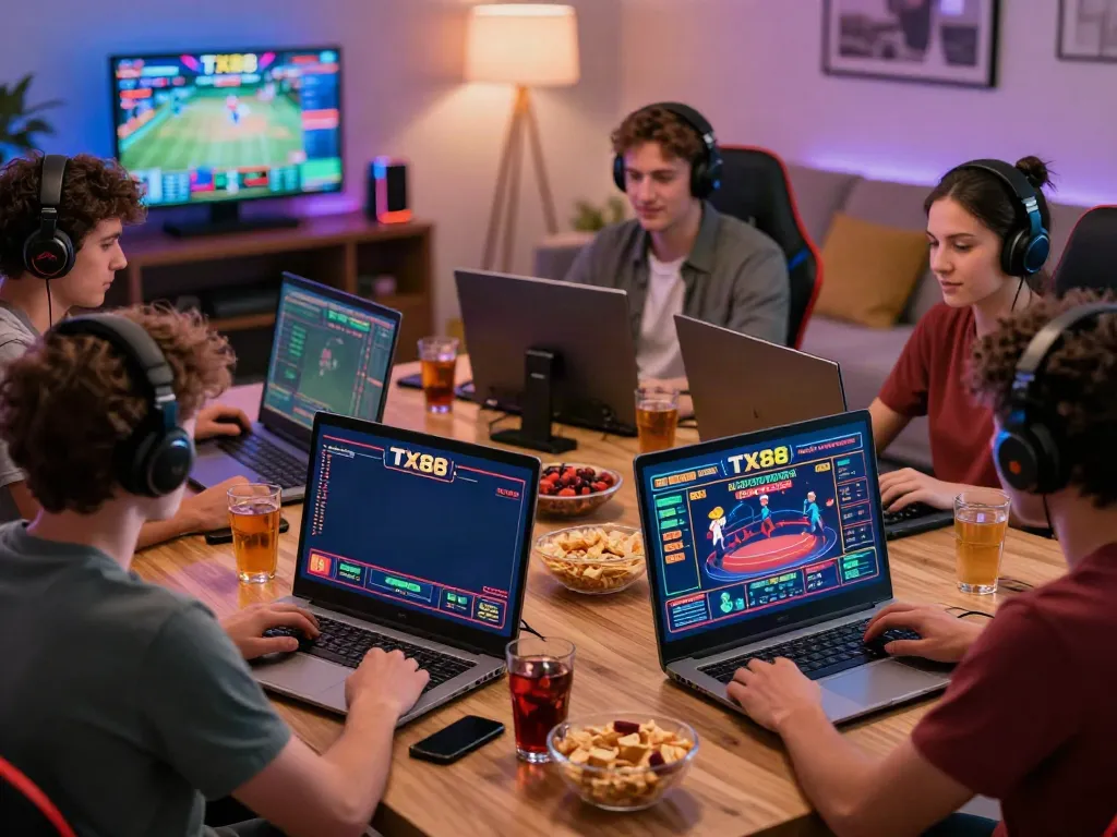 Friends enjoying a gaming night with TX88 online betting screens and snacks.