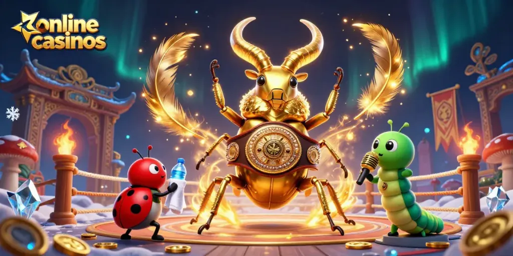 Engage with online casinos featuring a giant beetle boxing champion in a vibrant gambling arena.