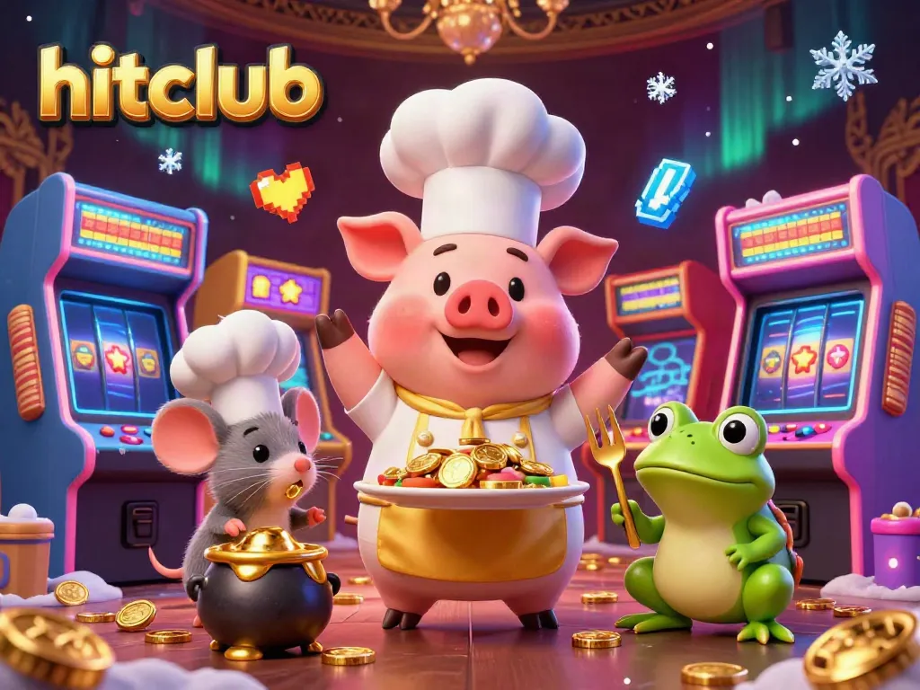 Experience hitclub excitement with a chef pig serving gold coins amidst vibrant arcade games.