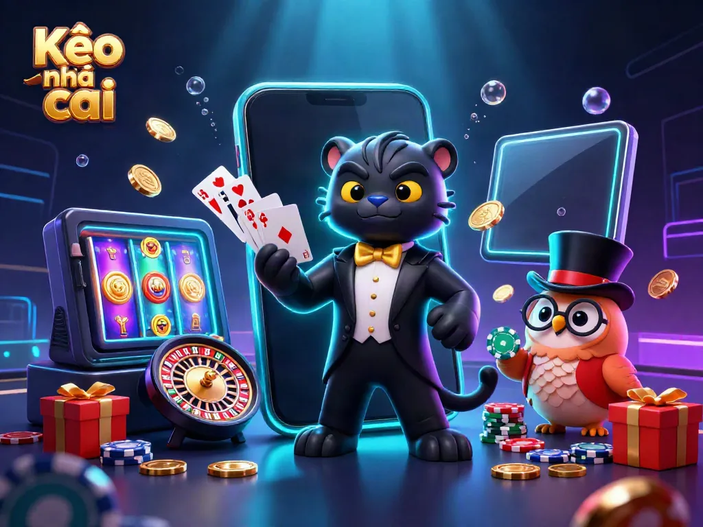 Engage with Kèo nhà cái for exciting bets, featuring a stylish panther dealer, an owl with poker chips, and a lucky mouse with chips.