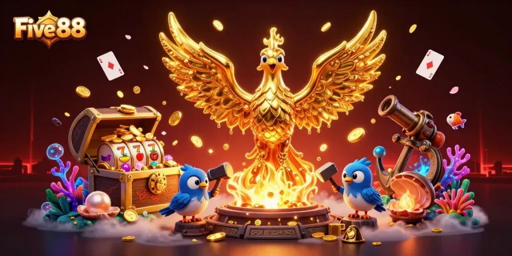 Win big with Five 88's golden phoenix amidst overflowing jackpots, cards, and treasures.