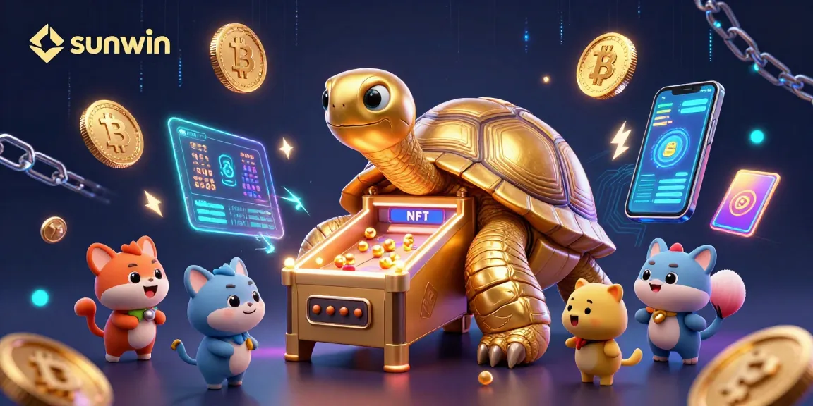 Engage with sunwin's stunning 3D illustration of a golden tortoise pinball, showcasing vibrant crypto elements.