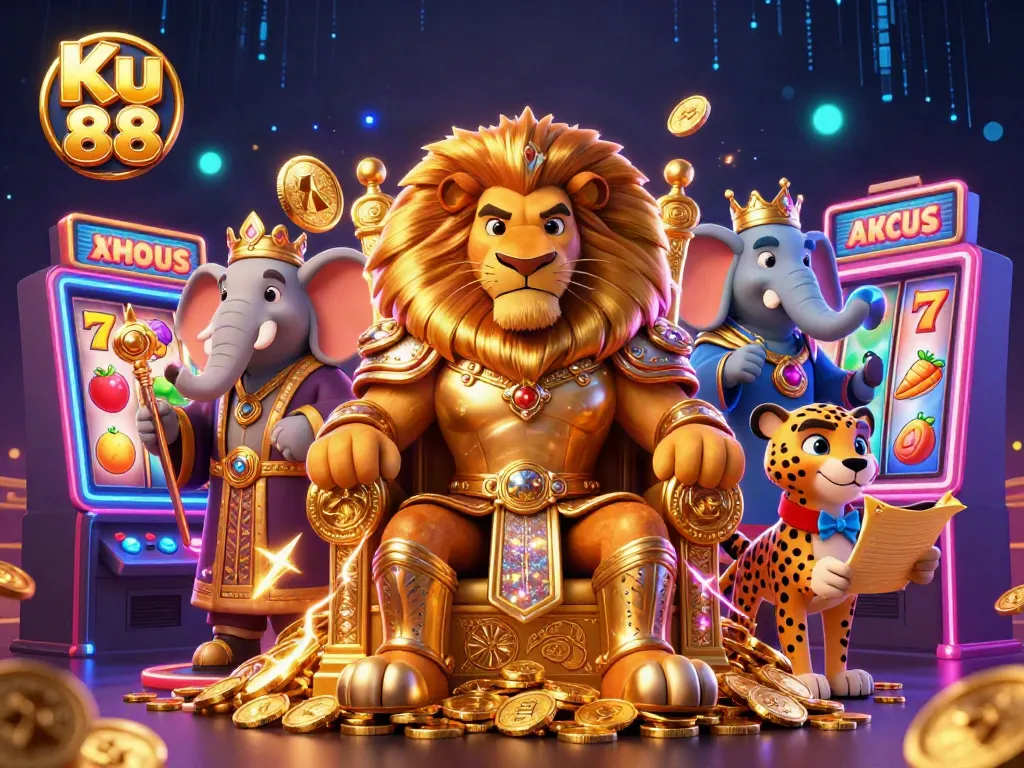 Win big at Ku 88 with vibrant slots and captivating 3D characters in a lively casino setting.