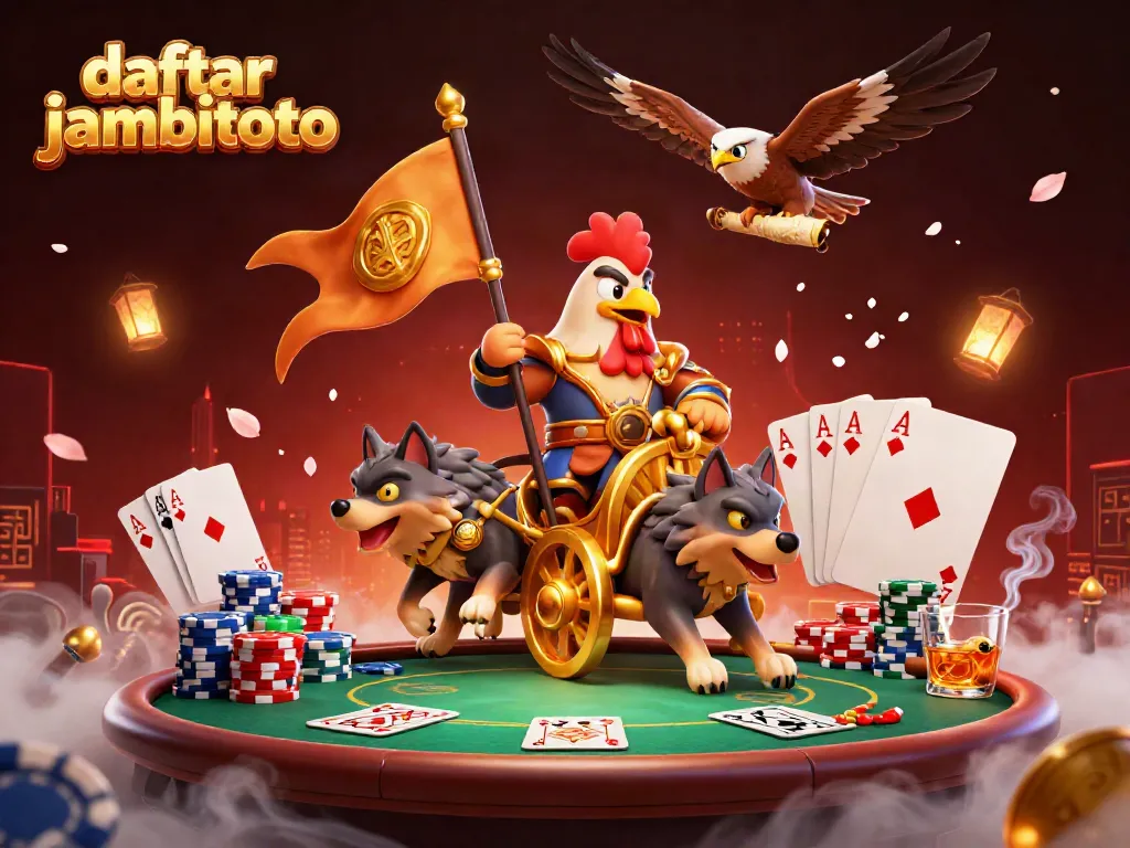Engage with daftar jambitoto at a dynamic casino scene featuring a rooster warlord and poker elements.