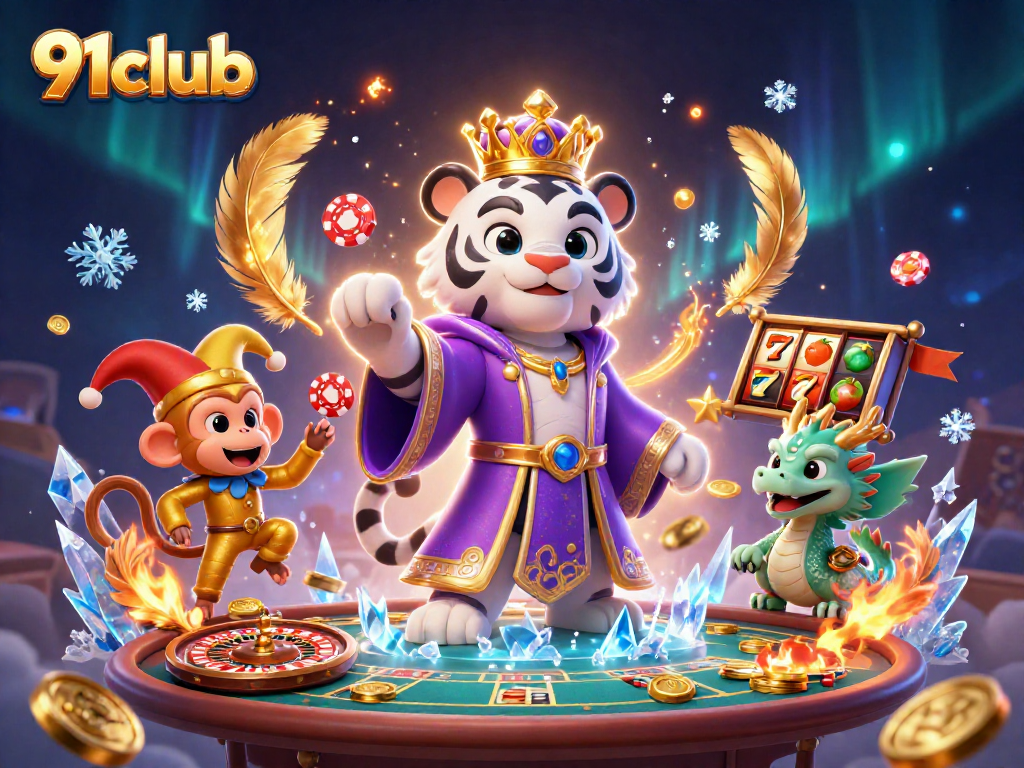 Engage in thrilling 91club gameplay with dynamic casino elements, featuring a white tiger, jester monkey, and jade dragon.