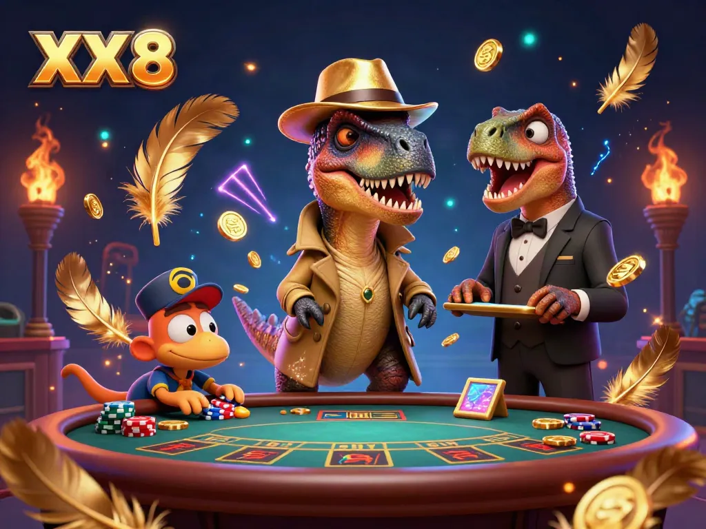 Catch the thrilling moment as XX 8 illustrates a velociraptor at a blackjack table amidst vibrant casino dynamics.