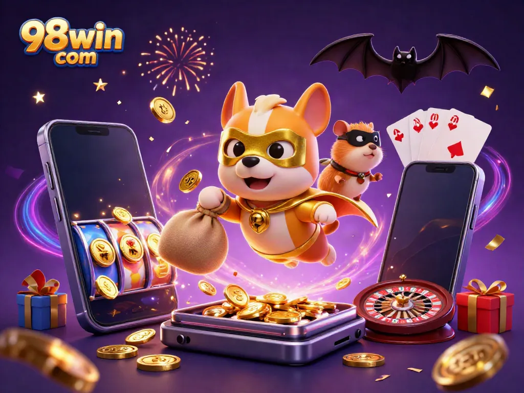 Experience thrilling gameplay at 98win com with a dynamic superhero scene filled with casino elements.
