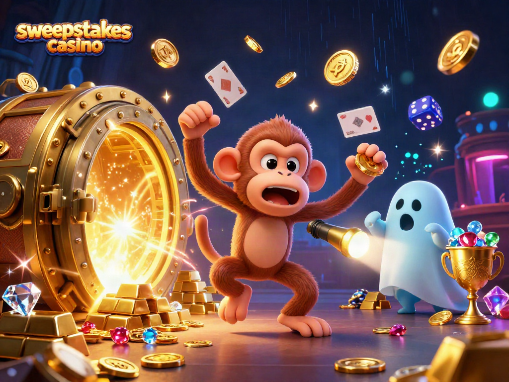 Engage in sweepstakes casino excitement with a playful poltergeist monkey and ghost-hunter puppy.