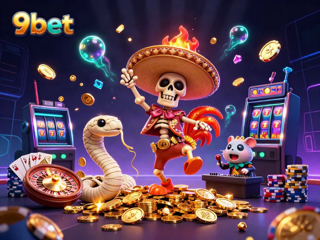 Experience thrilling victory with 9bet's vibrant casino characters amidst a rich scene of excitement.