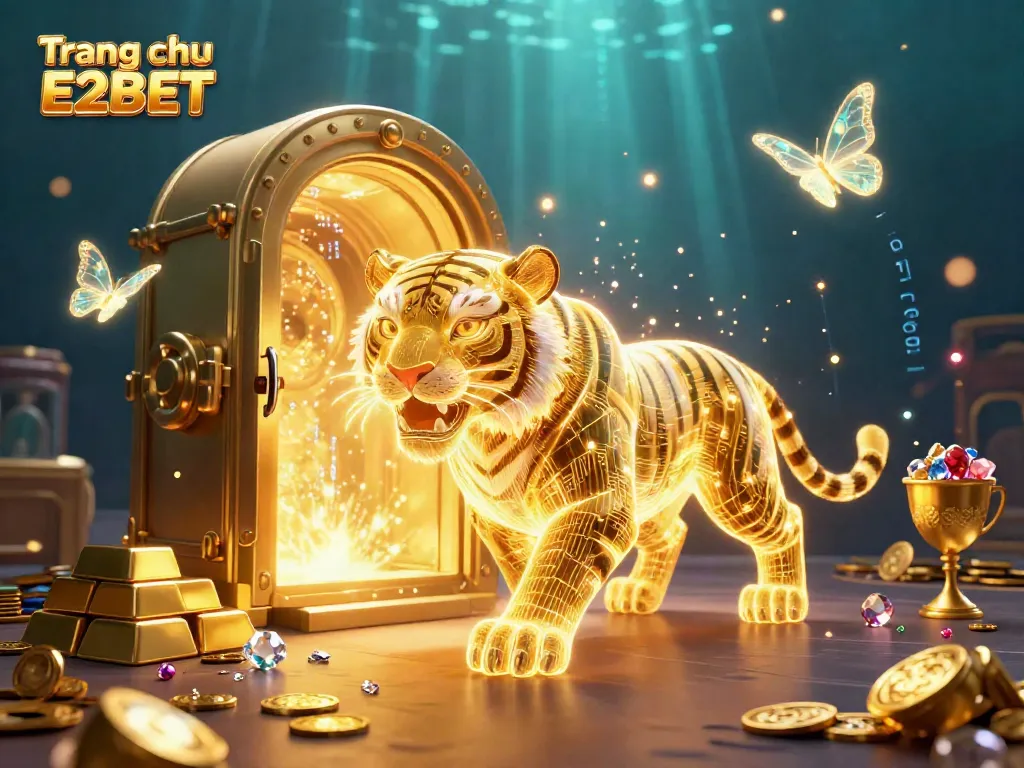 Engaging digital casino scene featuring the Trang chu E2BET logo, with a golden tiger and sparkling treasures.