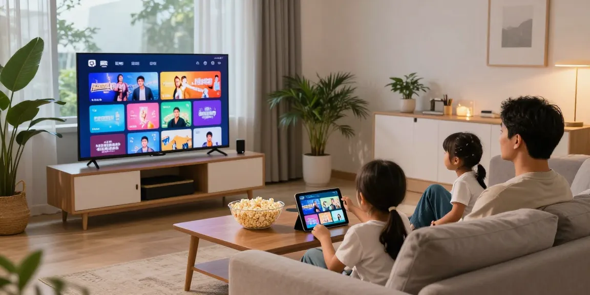 Family enjoying Live TV without cable in a cozy living room with smart TV.