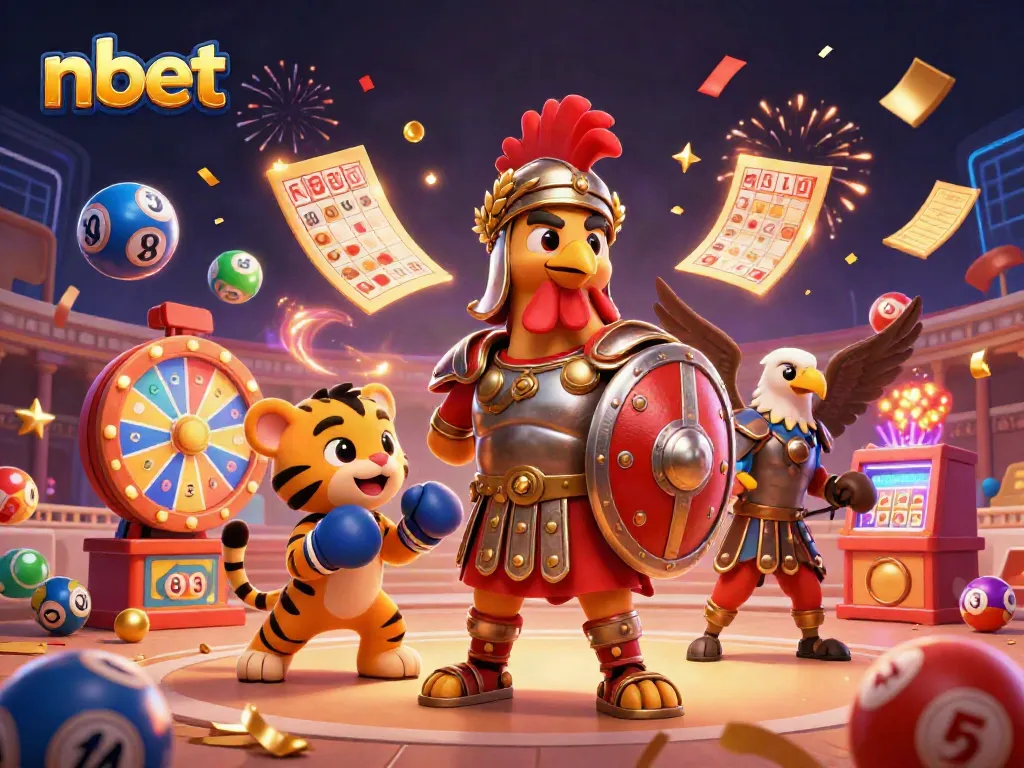 Experience thrilling gaming with nbet's vibrant 3D illustration of a gladiator rooster in a lively casino arena.