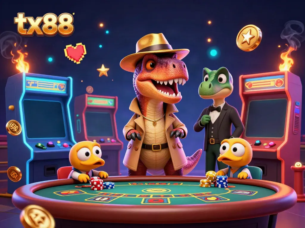 Experience the excitement of tx88 with a cartoon velociraptor trying to blend in at a casino, under watchful eyes.
