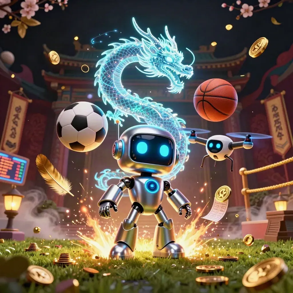 Chrome robot, hologram dragon and drone surround a soccer ball and basketball in casino glow.