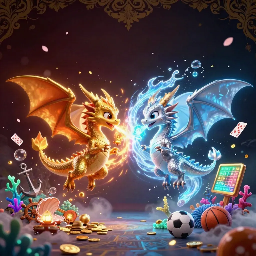 Two treasure dragons swirl around a lantern spirit in a neon casino treasure cove.