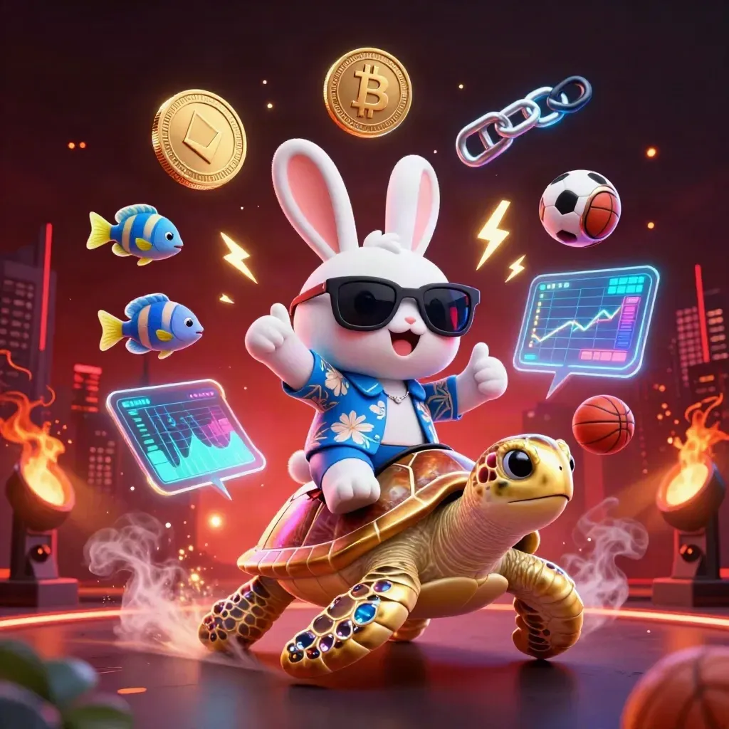Rabbit rides a golden sea turtle amid neon crypto, sports, and casino effects