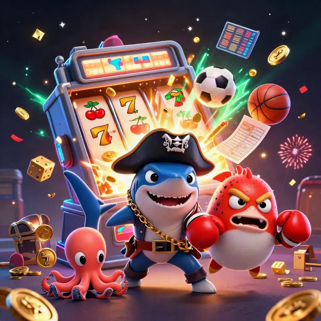 Pirate shark, pufferfish, and octopus amid slot gold, sports balls, and neon casino light