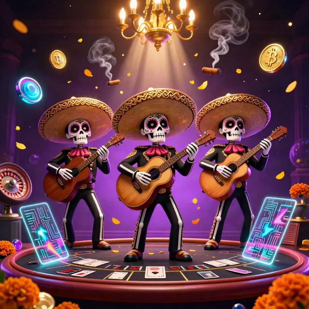 Day-of-the-Dead mariachi skeleton trio amid neon casino magic, coins, cards, and a starfield.