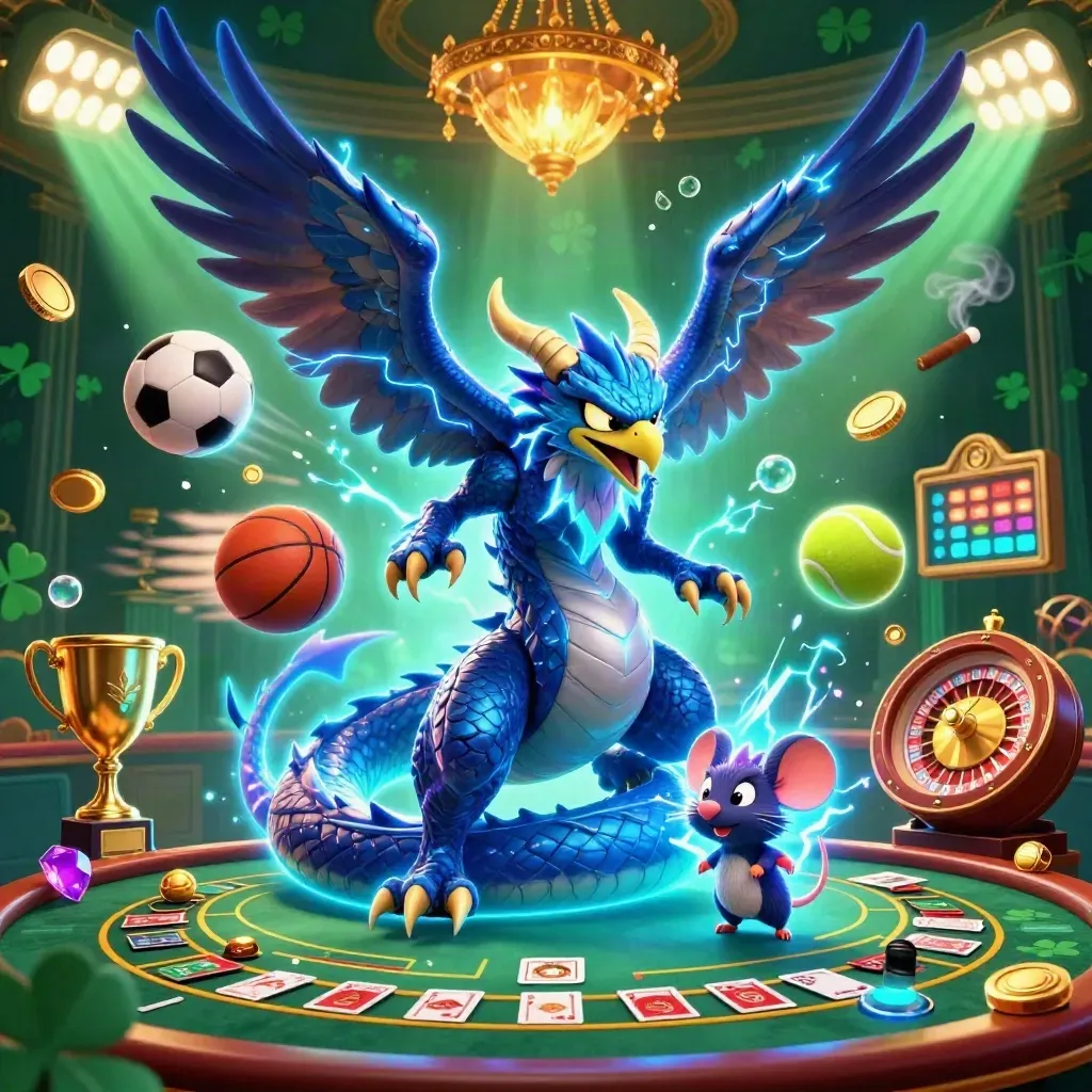 Thunder dragon, wind hawk, and static mouse amid roulette, coins, trophy, and emerald casino glow.