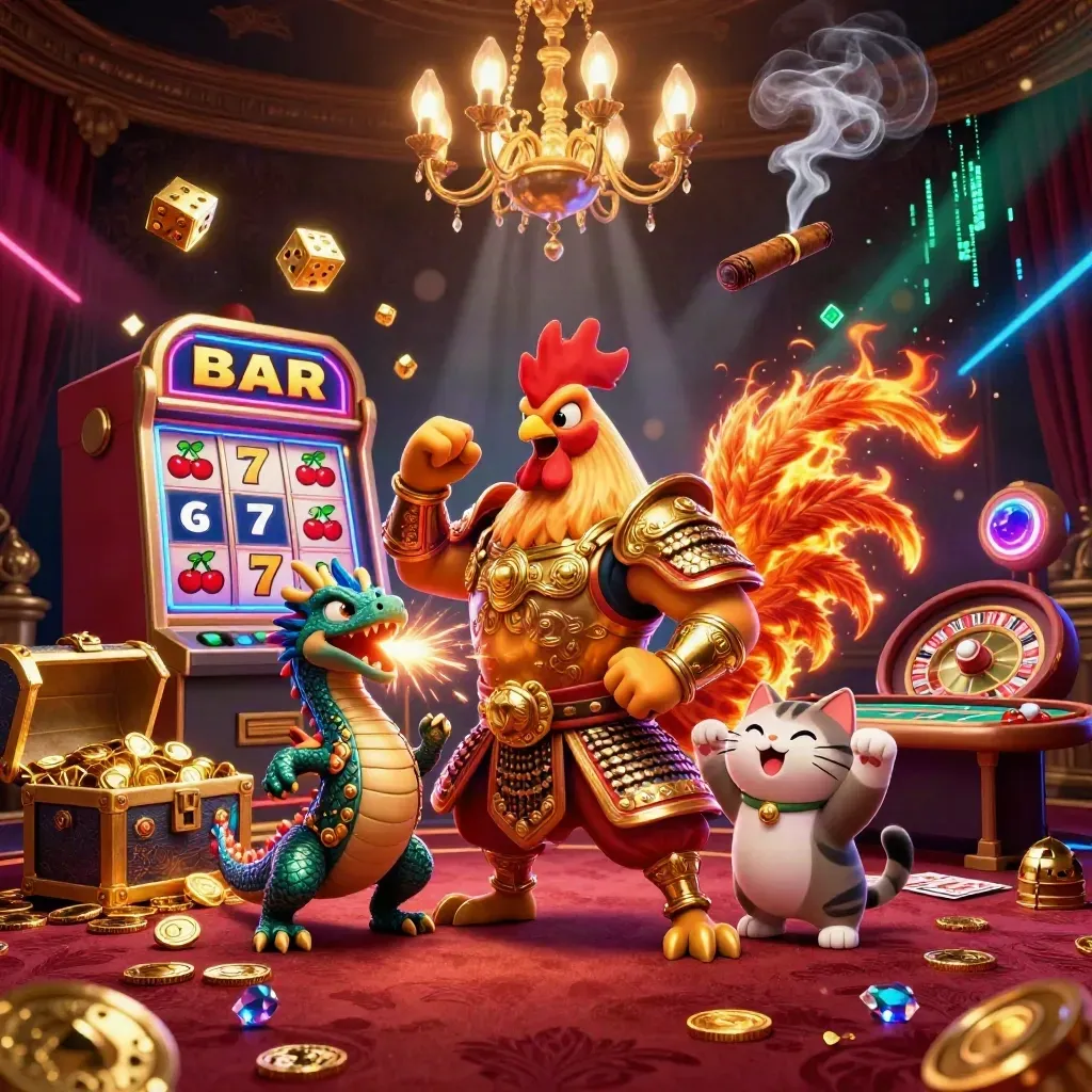 Rooster samurai, dragon hatchling and lucky cat amid casino burst and glowing dice.