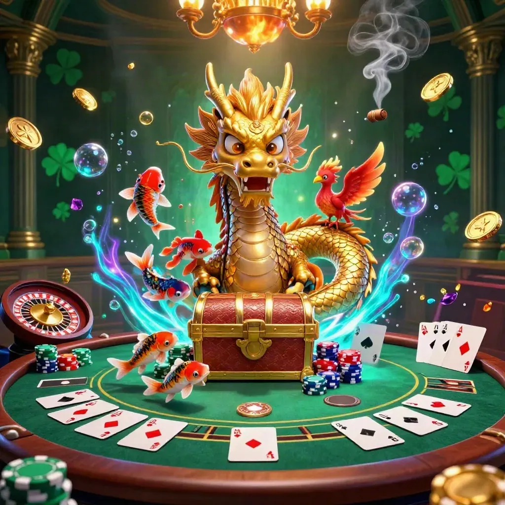 Golden dragon, phoenix, and koi amid casino tables, chips, cards, and glowing jewel light.