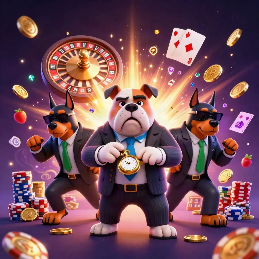 Cartoon bulldog mob boss and two Dobermans amid coins, gems, chips, roulette wheel, blue neon glow.