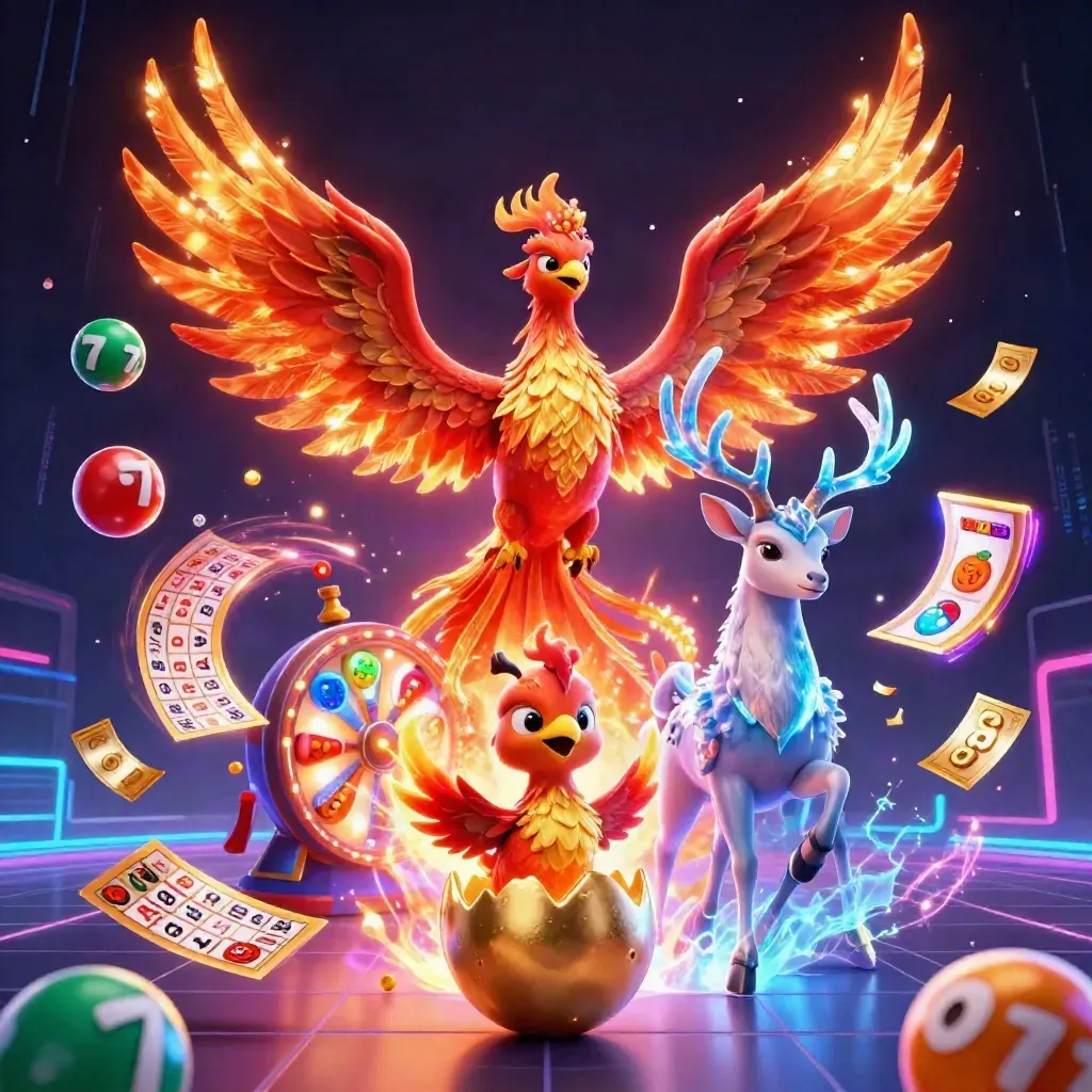 Fire phoenix, baby phoenix, and crystal stag amid neon casino effects and flying game tokens.