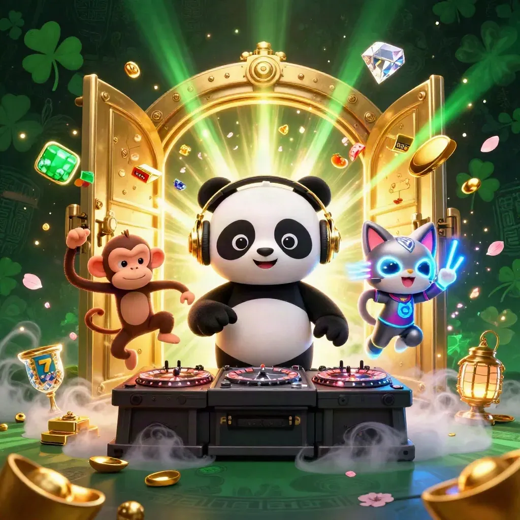 DJ panda, monkey, and glow-stick kitten burst from a treasure vault in neon casino chaos.