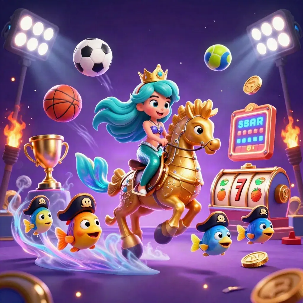 Mermaid princess on armored seahorse with pirate fish, casino game bursts, neon space backdrop.