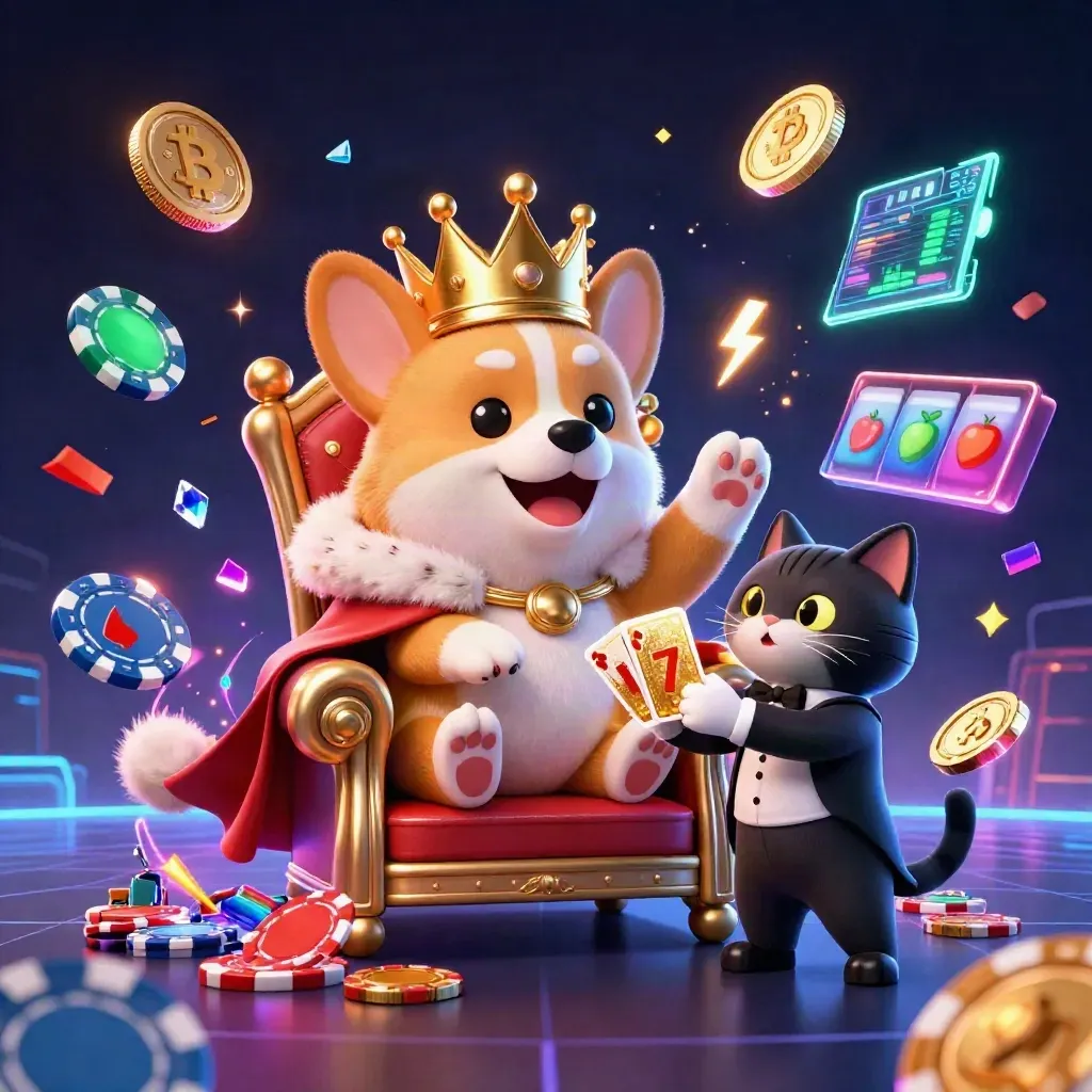 Crowned corgi and cat butler on a chip throne amid blue neon coins, lightning, and casino magic.