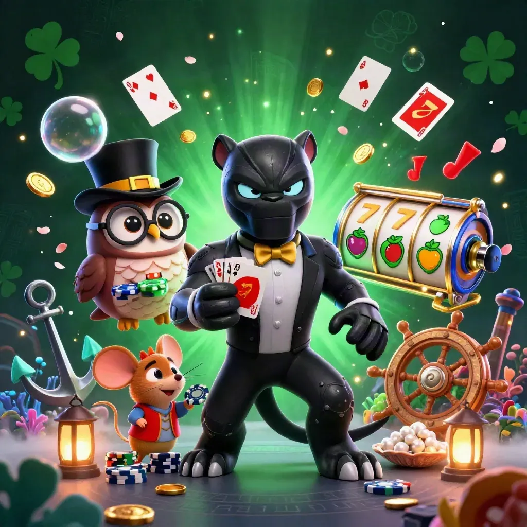 Panther, owl, and mouse in casino treasure burst with glowing blue effects.