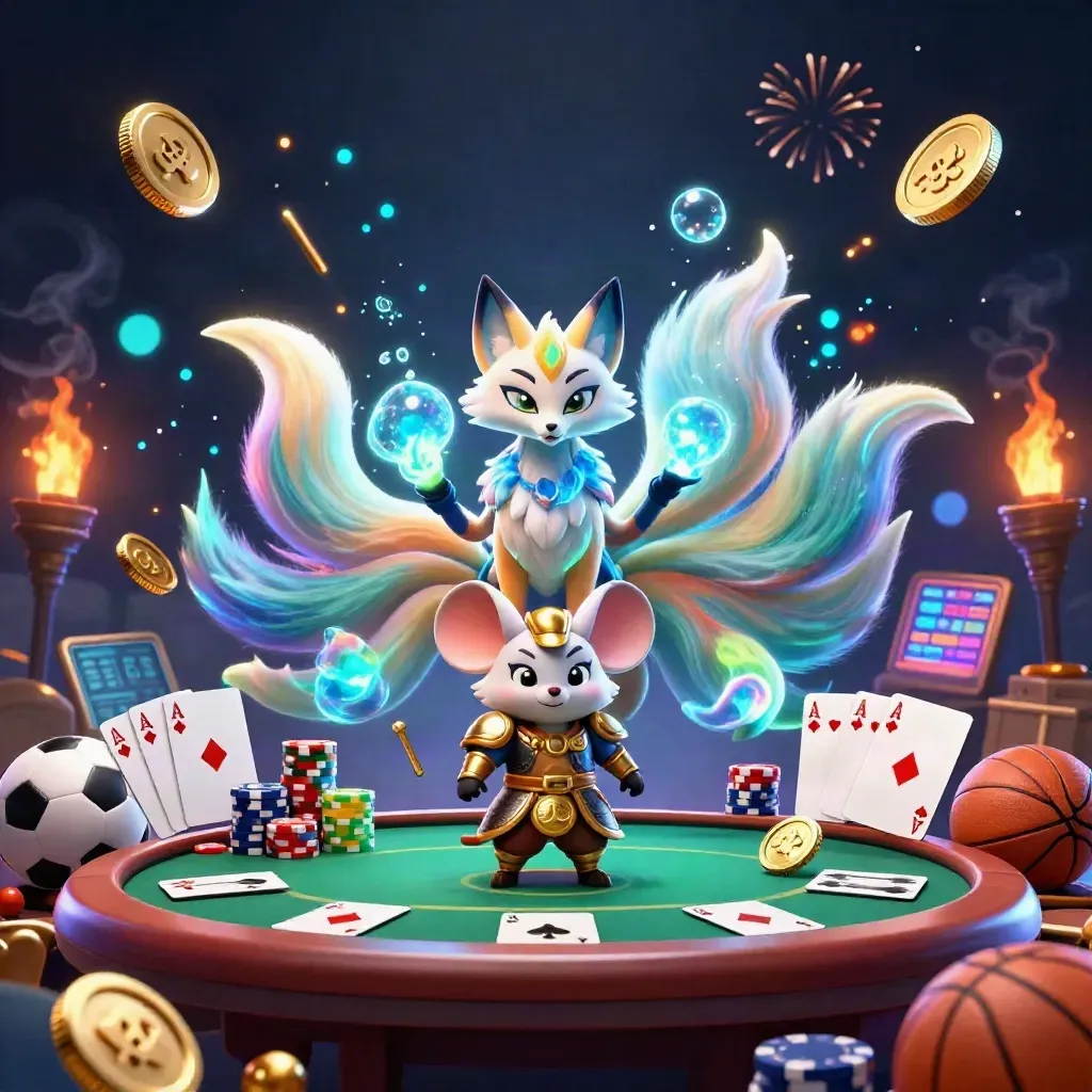 Neon fox spirit and armored mouse amid bursting coins, poker gear, and casino lights