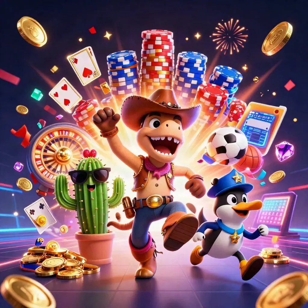 Cowboy T-Rex, cactus sidekick, and roadrunner amid coins, chips, cards, fireworks, and neon casino glow.