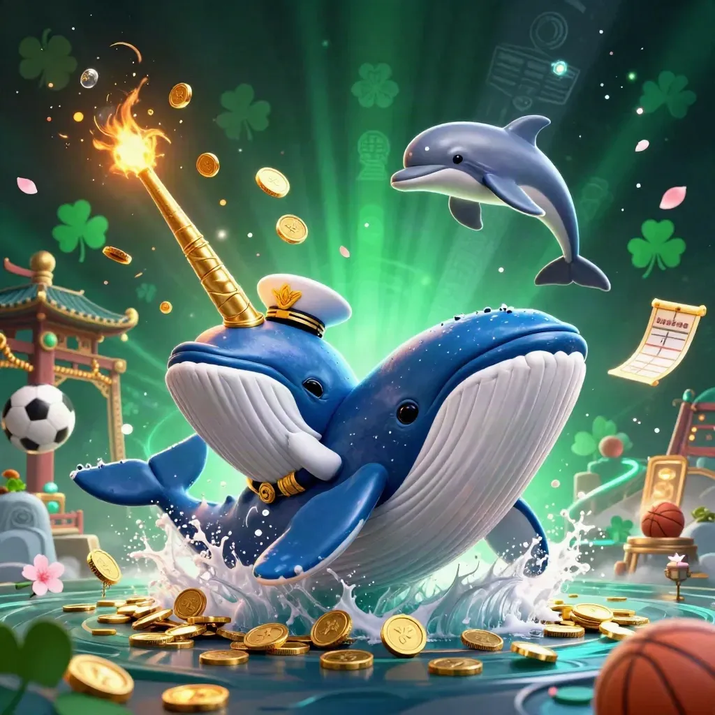 Whale captain, narwhal and dolphins burst from coins amid casino luck icons and glowing temple gates.