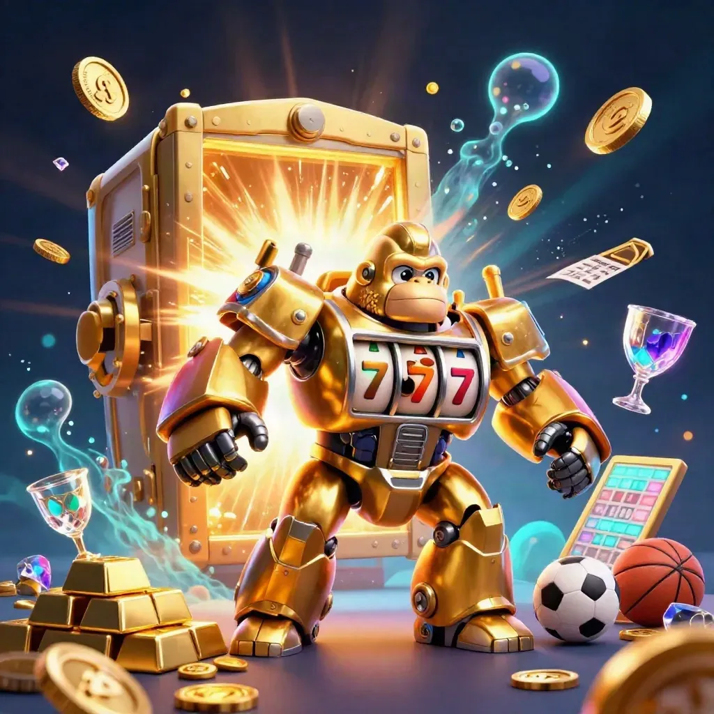 Golden gorilla mech and tiny monkey pilot burst from a vault amid coins, gems, and neon casino glow.