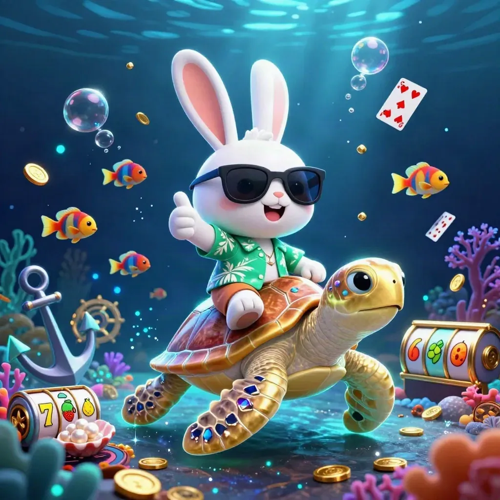 Rabbit in sunglasses rides a jeweled sea turtle amid treasure, fish, coins, and glowing underwater casino effects.